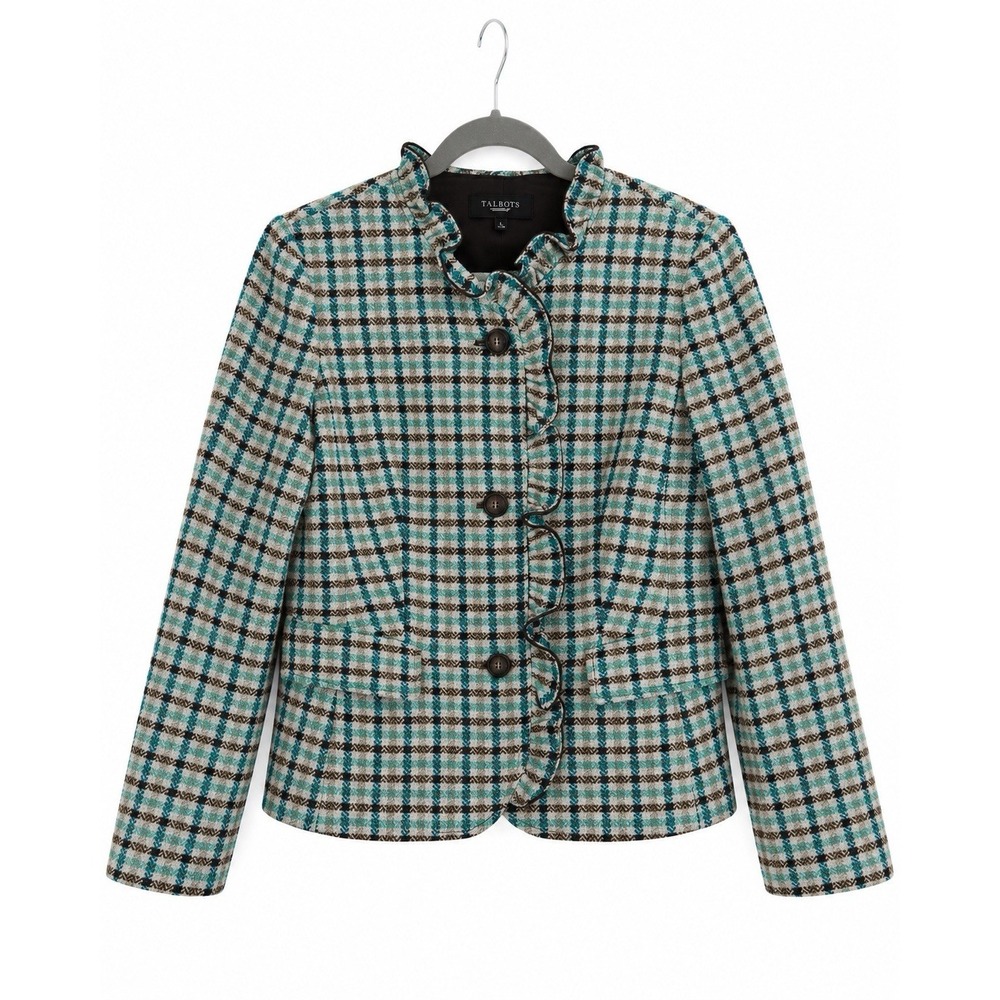 Talbots Wool Plaid Ruffle Blazer Size 8 Green Brown Elbow Patch Academia Preppy